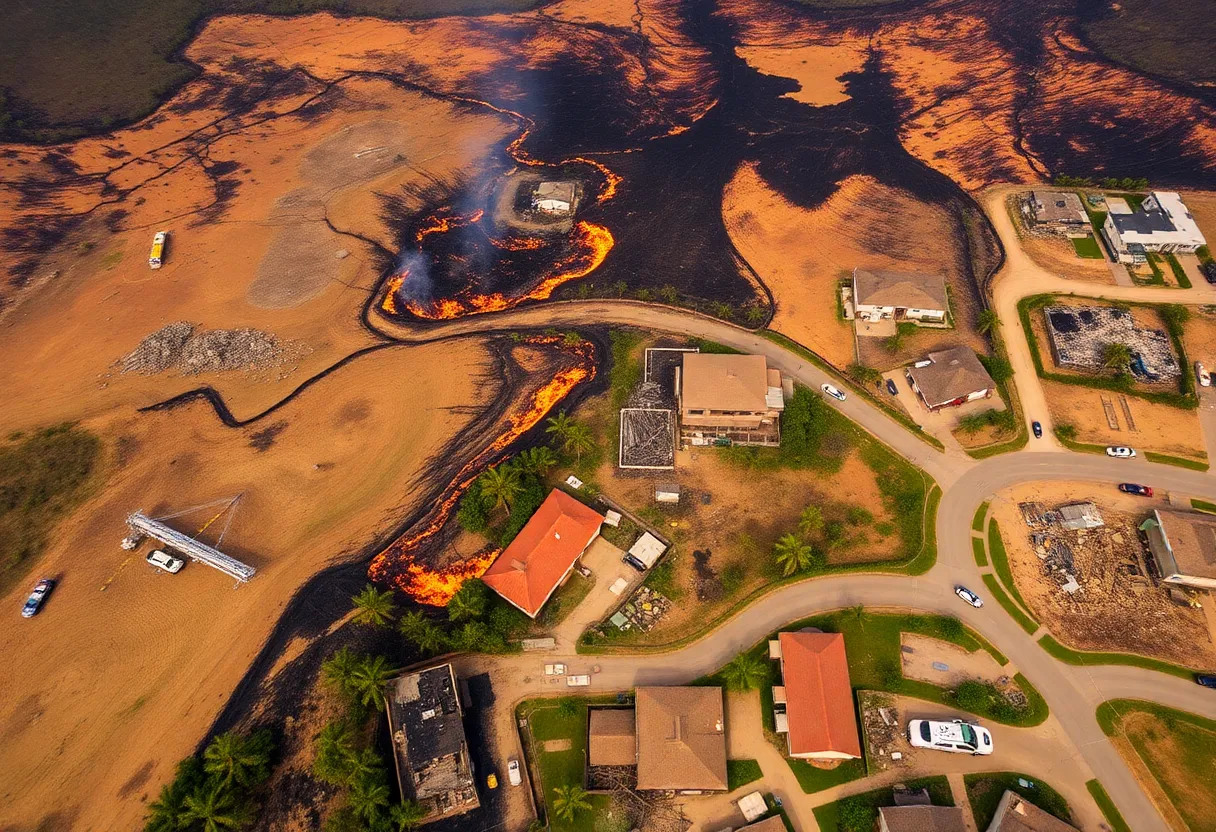 Aerial view of Maui showing devastation from wildfires