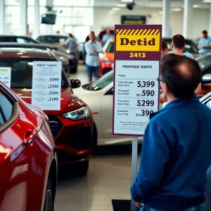 Automotive showroom showcasing new cars with price tags.