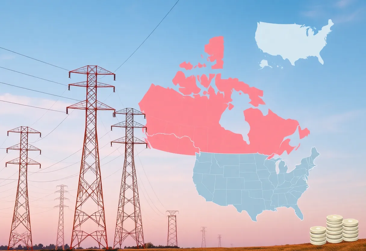 A graphic illustrating Ontario's electricity export surcharge with maps and symbols of energy trade.