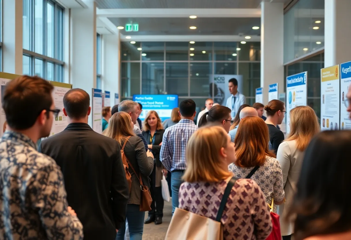 Conference attendees discussing clinical trials and patient engagement.