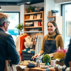 A shop assistant helping a customer in a friendly manner