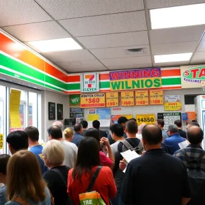 Customers celebrating at a 7-Eleven store after a Powerball jackpot win.