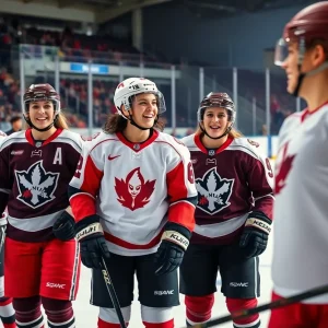 Women hockey players showcasing new PWHL jerseys