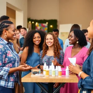 Diverse group of people enjoying a Rare Beauty community event focusing on mental health awareness.