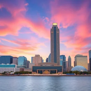 Panoramic view of the Renaissance Center in Detroit against a city skyline.