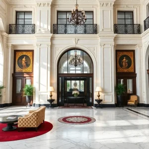 Luxurious renovated lobby of the Dearborn Inn with marble flooring and elegant design