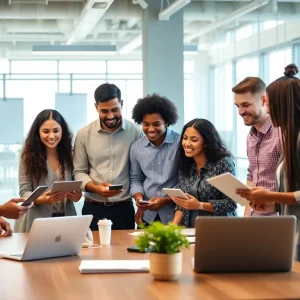 Group of small business owners strategizing digital marketing