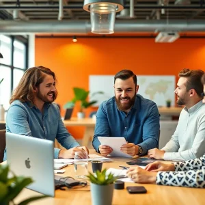 Small business owners collaborating in a modern office.