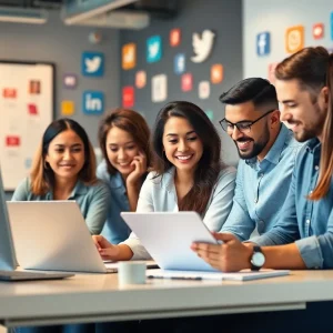 A team of social media marketers working together in a modern office environment.