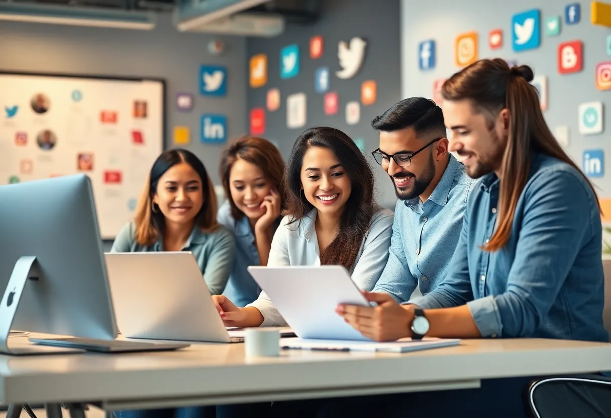 A team of social media marketers working together in a modern office environment.