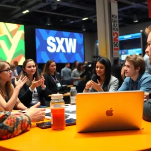A group of influencers engaged in discussions at SXSW 2023 about influencer marketing.