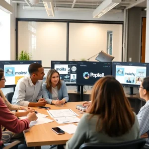 Team brainstorming for digital branding strategies in a modern office.