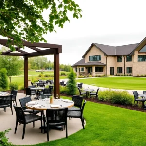 Rendering of the renovated Travis Pointe Country Club featuring modern architecture and expanded outdoor areas.