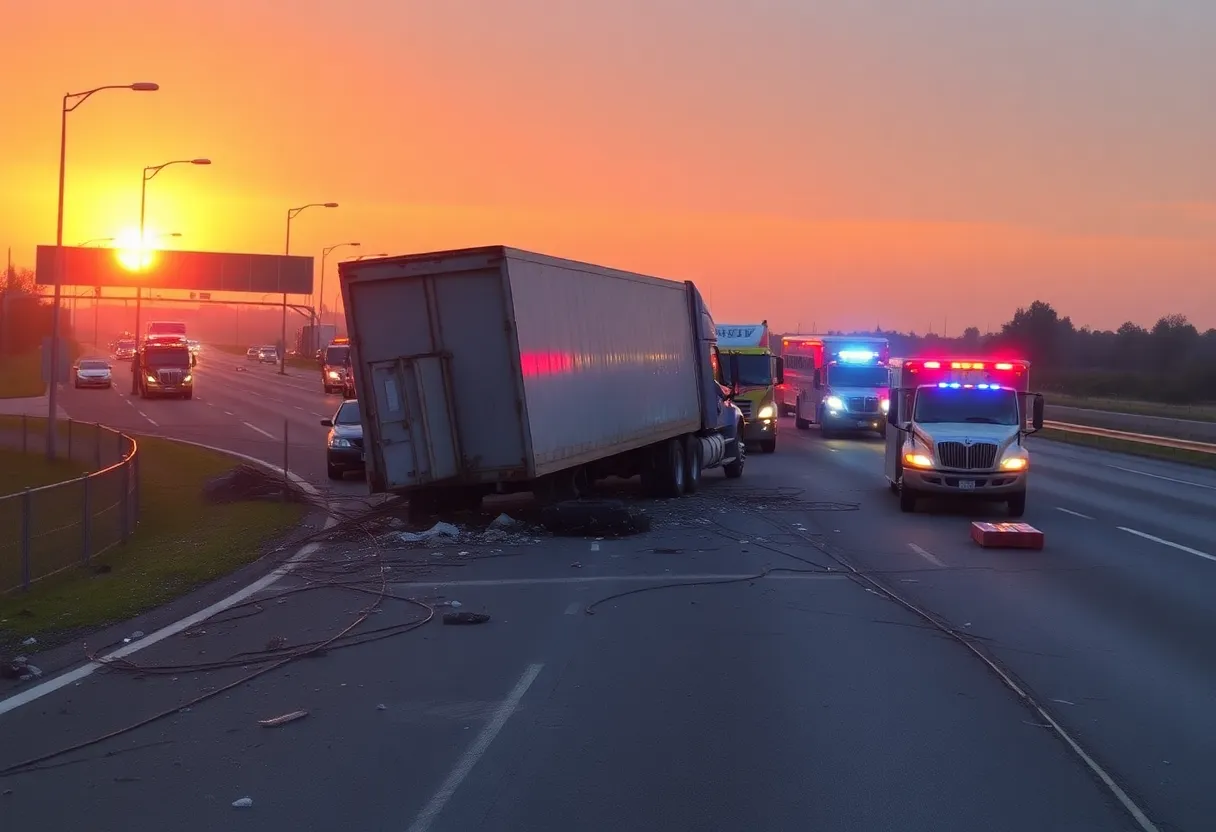 Scene of a truck collision on a highway with emergency responders and debris