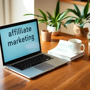 A cozy workspace for affiliate marketing with a laptop and notes.