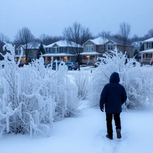 A dark residential area with ice-covered trees after an ice storm.