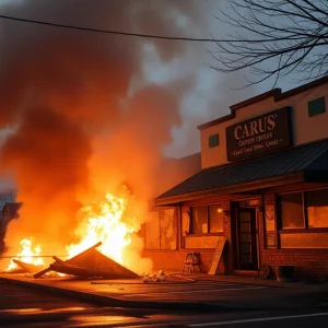 Scene of arson at a commercial building with smoke and vandalism