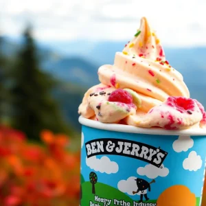 Scoop of Ben & Jerry's ice cream with colorful toppings