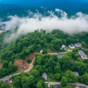 Aerial view of storm damage in Buncombe County after Tropical Storm Helene.
