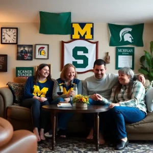 A family celebrating college sports rivalry in their home.