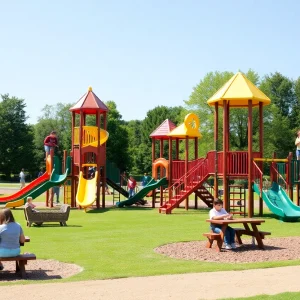 Children playing on the play structures at Castle Gardens Park