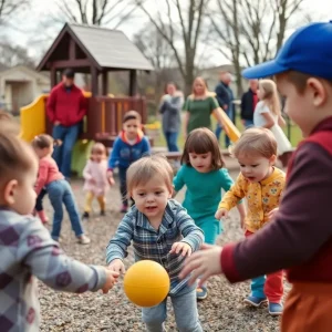 Children playing in a Michigan playground amidst a child care crisis.