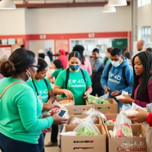 Volunteers and community members at a community center