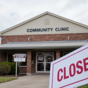 Community clinic with a closed sign, representing healthcare budget cuts