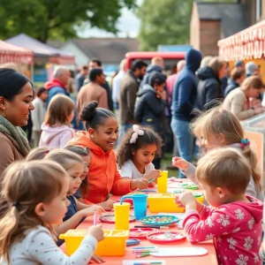 Families enjoying a community event with activities for children and food stalls.