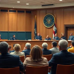 Courtroom scene during legal discussions on Danville correctional center shooting range