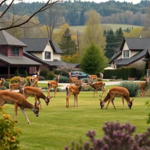 Deer grazing in a residential area