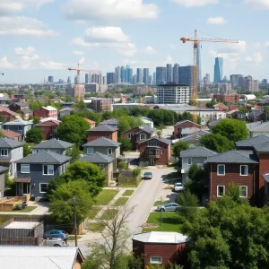 Illustration of affordable housing developments in an urban Detroit setting.