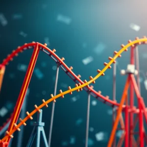 An abstract illustration showing the roller coaster of the economy with currency and graphs.