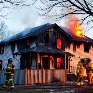 The aftermath of a house fire in Farmington Hills, showing damage and emergency responders