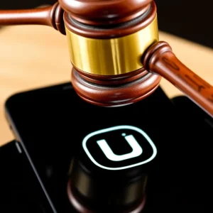 Graphic of gavel and smartphone with Uber logo