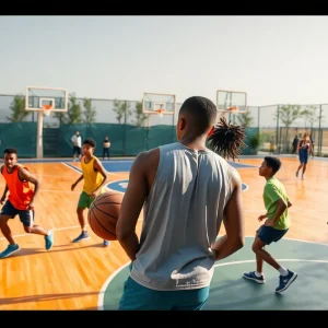 Basketball players demonstrating teamwork and inclusivity on the court.