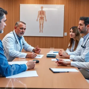 A group of healthcare professionals in a meeting discussing musculoskeletal conditions and healthcare challenges.