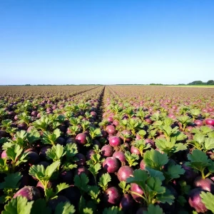 Field of Blackberry potatoes with a clear blue sky