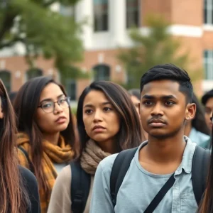 Group of international students looking concerned on campus