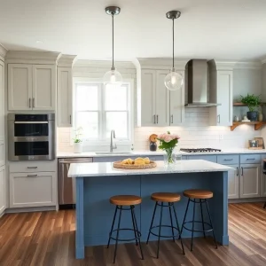A renovated kitchen with new cabinetry and lighting on a budget.