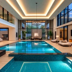 Interior view of a luxurious home with indoor pool and modern design.