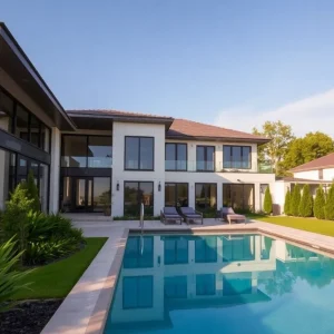 Exterior view of a luxurious renovated home with landscaped garden