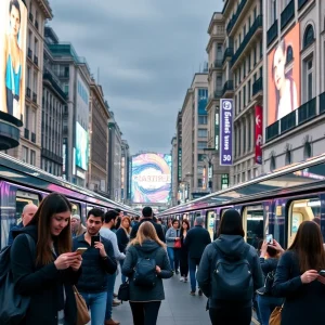 A busy Madrid subway with diverse individuals engaging in influencer marketing campaigns