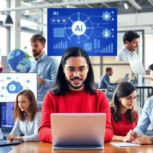 Marketing professionals collaborating with generative AI tools in an office.