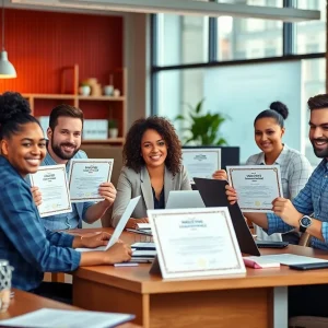 Group of marketers discussing strategies with certifications displayed.