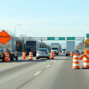 Construction work on a Michigan highway with road signs and cones.