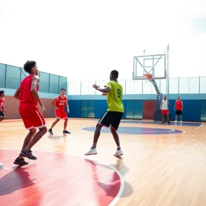 Basketball players practicing on court, showcasing teamwork.