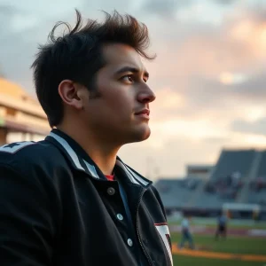A college football player wearing a varsity jacket in a stadium.