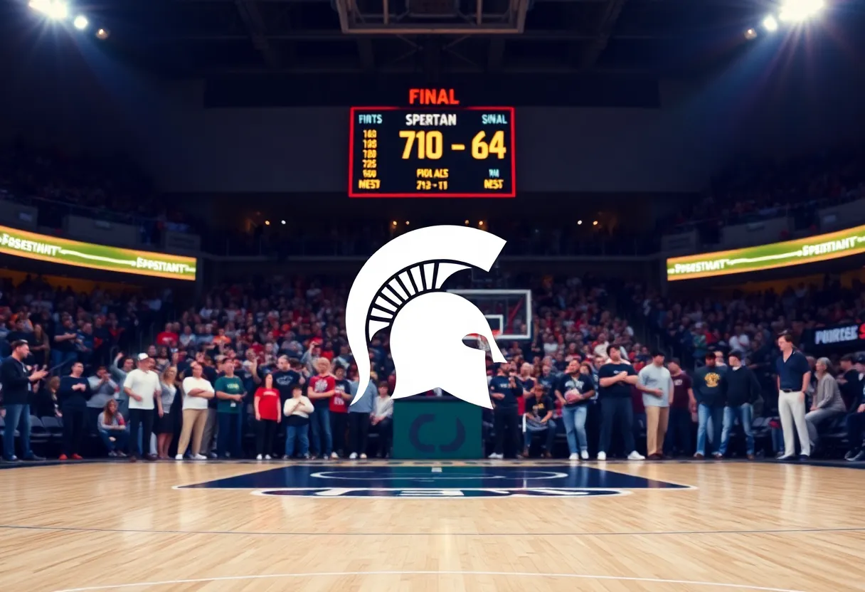 Basketball court with Spartan logo and score of Michigan State vs Auburn