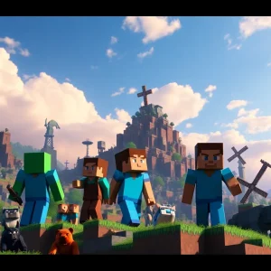 A colorful depiction of the Minecraft Movie characters in a cubic world.